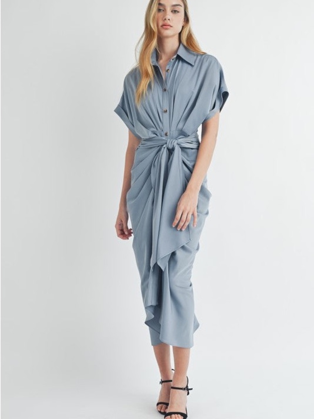Sculpted Tie-Front Midi Dress in Light Blue